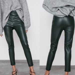 ZARA Dark Forest Green Zip Faux Leather Leggings M